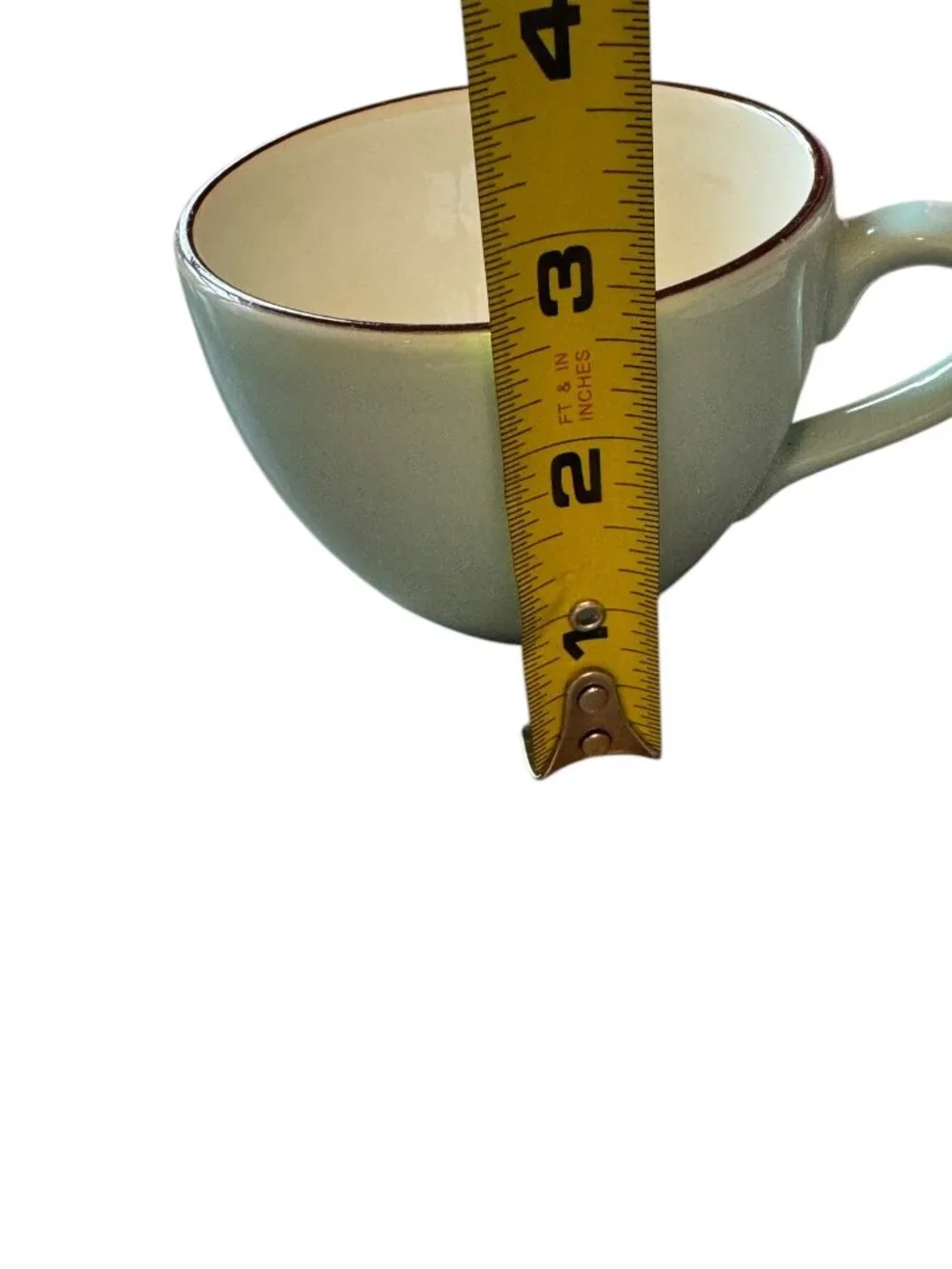 Vintage Italian Ceramic Coffee Cup With Light Blue Glaze & Brown Rim - 3